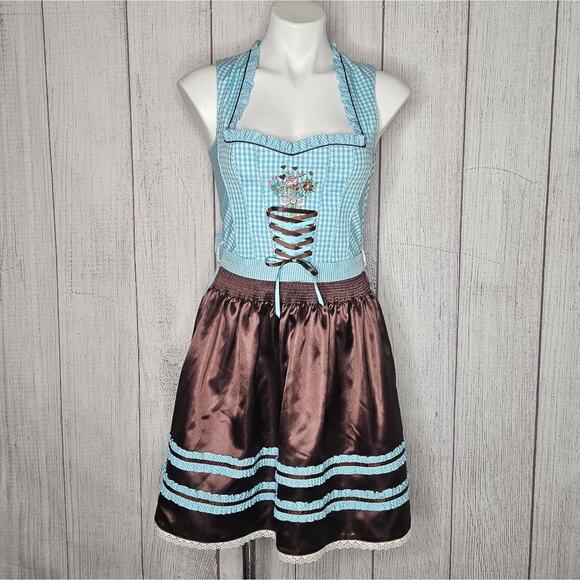 Country Line Dirndl & Matching Apron- Blue & White Gingham w Bling, sz 34 (US 4) - Picture 1 of 9